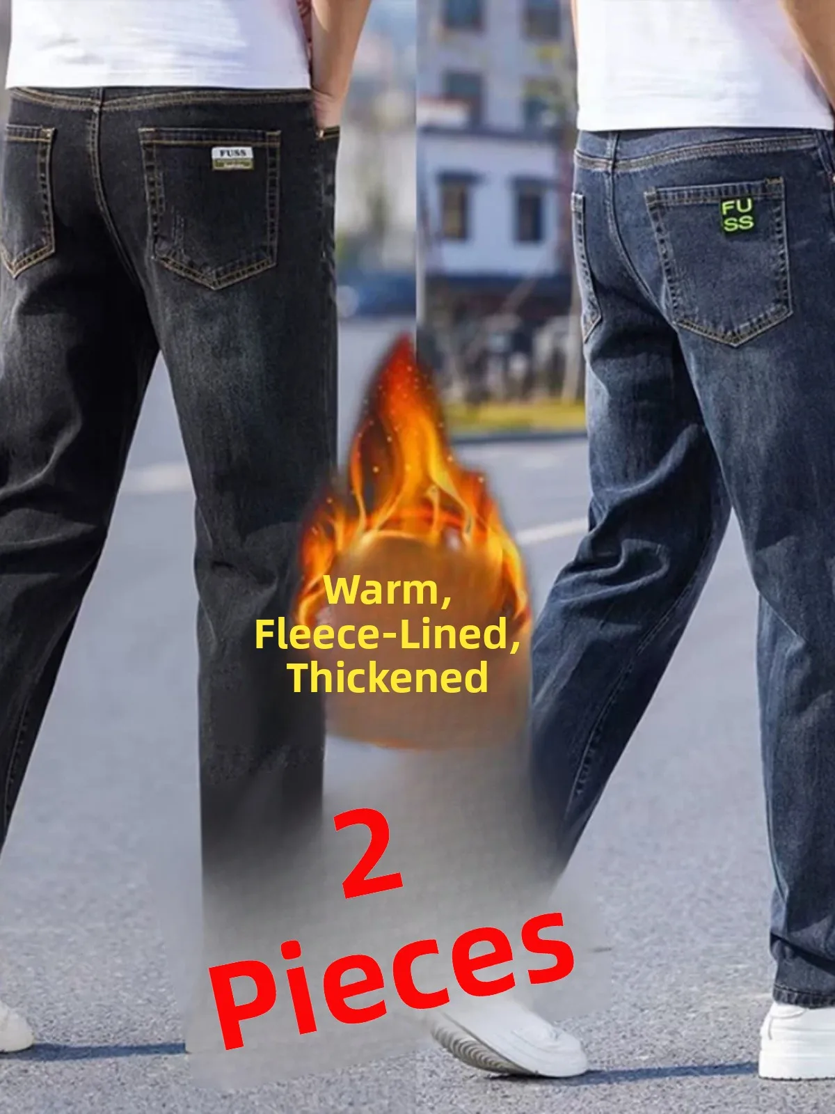 

Casual Fce Lined Thiened Straight Leg Jeans Men's Stretchy Autumn Winter Faion Brand Versatile Long Trousers