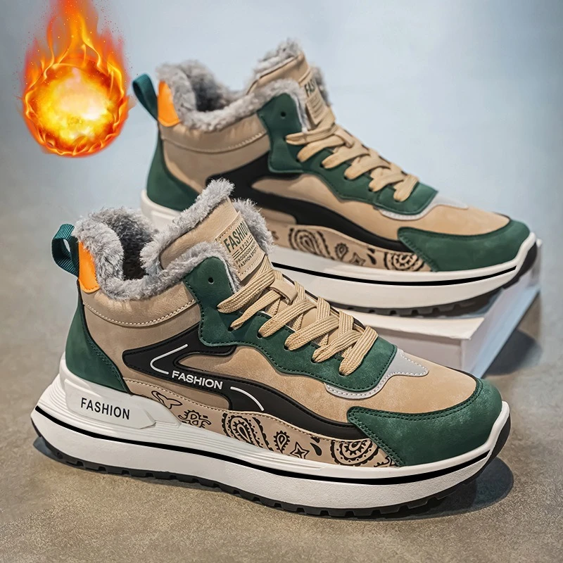 

Fashion Warm Plush Cotton Shoes Men's Winter Sneakers Non Slip Cosy High-tops Thick Soled Snow Boots Men's Casual Outdoors Shoes