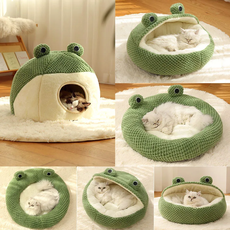 Frog Cat Bed Plush Donut Calming Bed Winter Warm Raised Rim Washable Removable Cushion Non Slip Bottom Cozy Indoor for Cats Soft