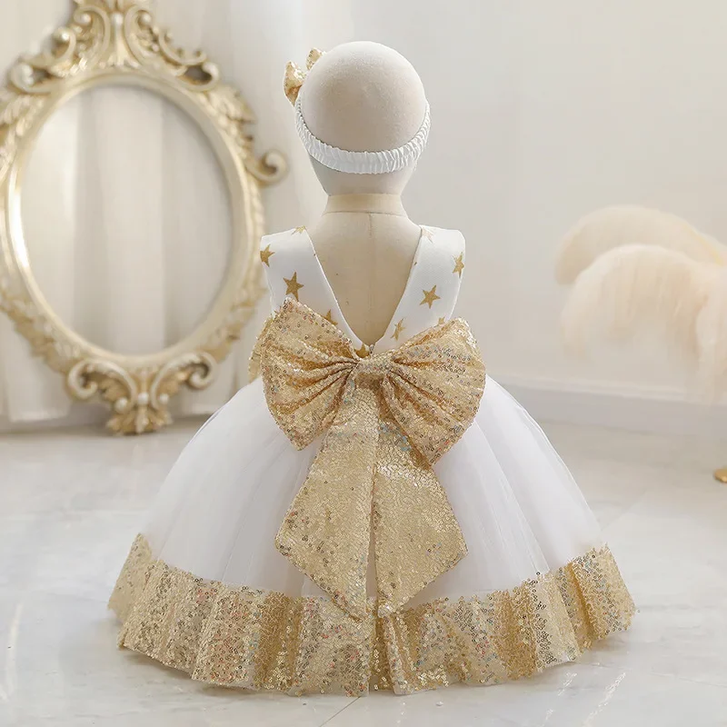 Golden Sequines Infant Dress Gown Star Prints Super Bow Princess Dresses For Girls Newborn Babies Clothes 0 to 12 Months 3 4 5Y