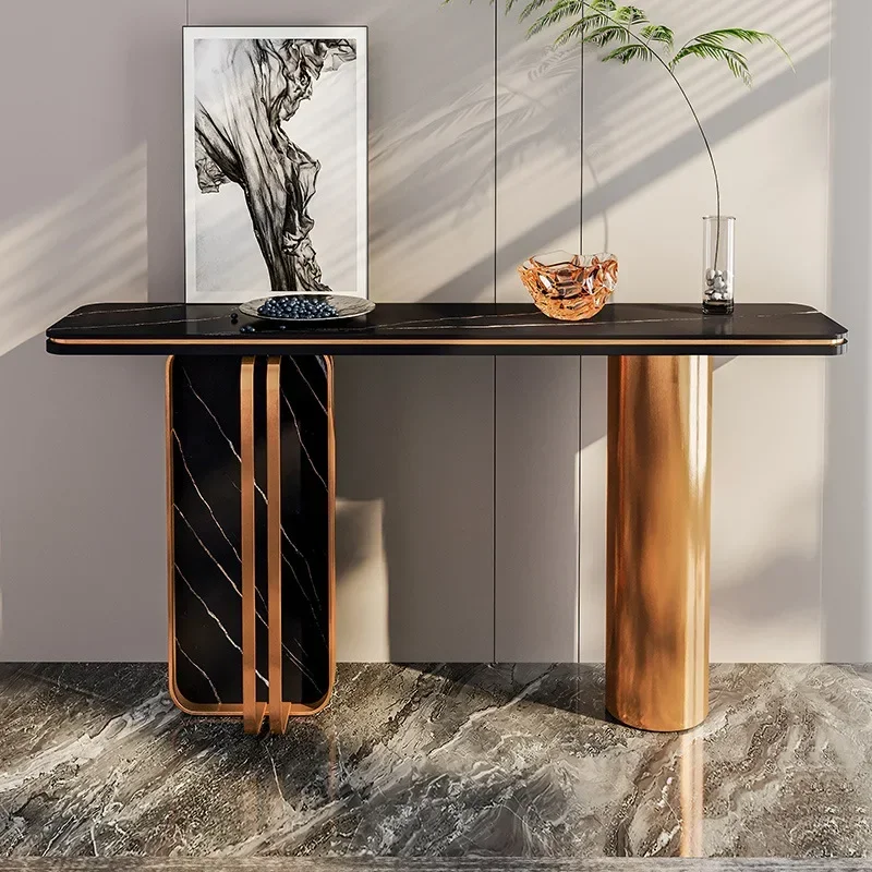 ultra-narrow entry, high-end decoration against the wall New Chinese style end view table Stainless steel rock slab case