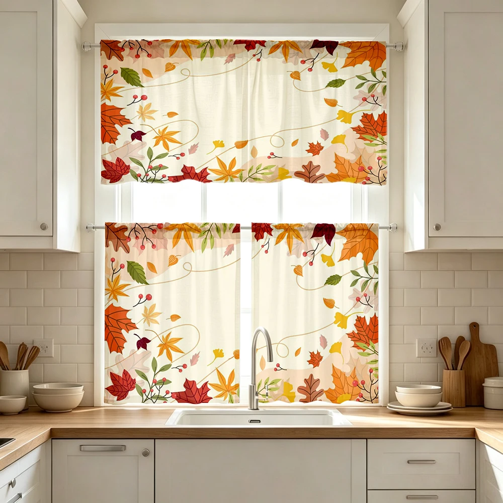 Fall Kitchen Curtains, Autumn Branch Leaves Falling, Digital Print, Kitchen Dining Room, Rod Pocket Polyester, Home Decor