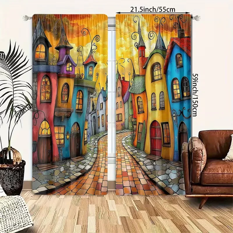 2 Pcs Fairy Tale Town print curtains,suitable for bedroom,living room kitchen decoration,home decoration,window decoration