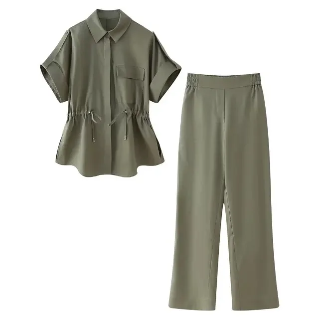 New Women 2 Piece Set Drawstring Pocket Short Sleeve Armygreen Casual Lapel Shirt Top+Elegant Elastic Waist Wide Leg Pants