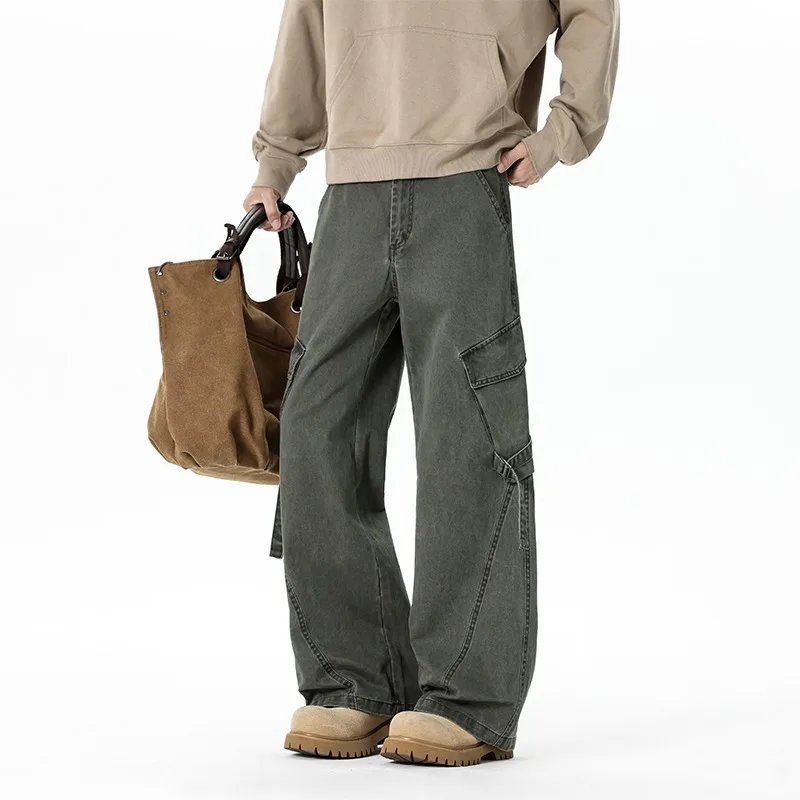 

American Style Streetwear Men Jeans Multi-Pocket Loose Straight-Leg Spring Autumn Solid Color Casual New High Street Long Pants