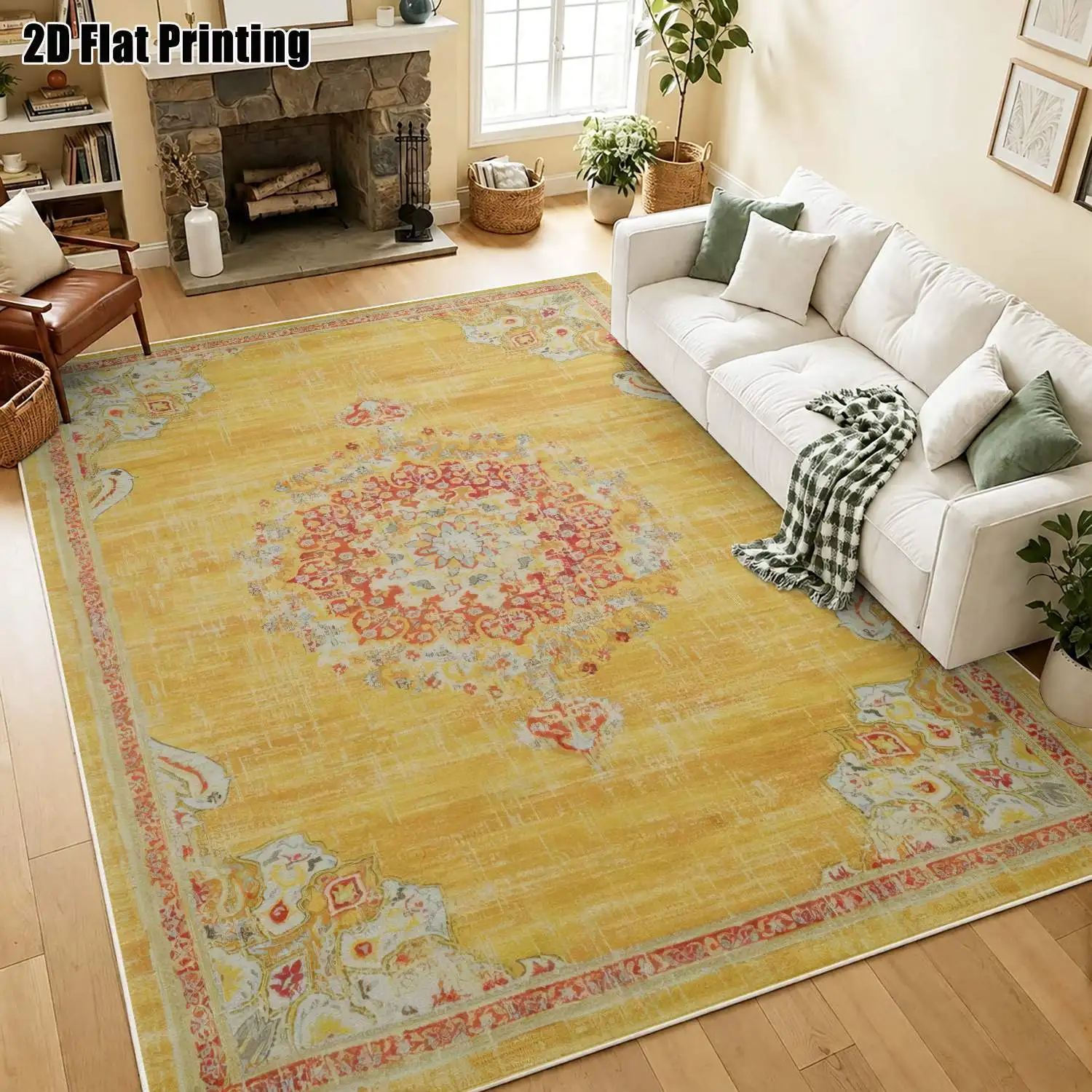 1Pc 2D Printed Yellow Retro Floral Velvet Carpet, European Style, Machine Washable, Multi-Size for Home Decor, Multi-Scene Use