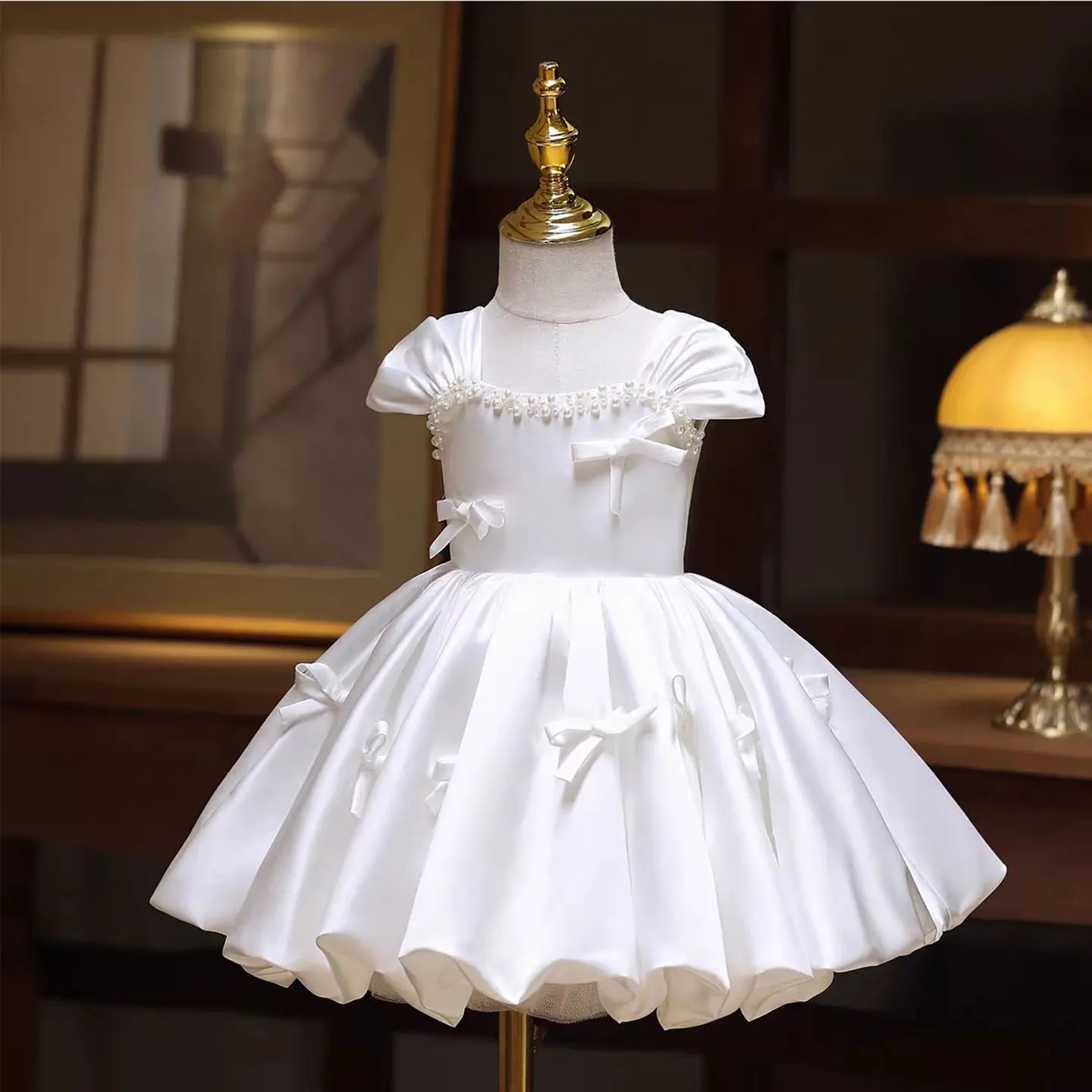 

Dream Vow Elegant White Square Neck Satin Knee-Length Girl Dress Wedding Birthday Holiday Prom Dress with Bow and Pearls D130