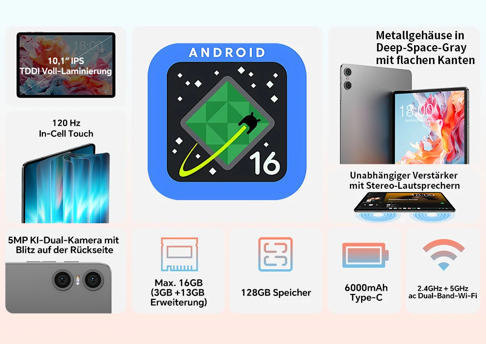 Teclast P30T Hülle Android 16 Tablet 10,1" 16GB(3GB+13GB) RAM 128GB ROM 8-Kern-CPU Tastatur/Hülle/Maus/Stylus/Kopfhörer/Ständer – Detail 5