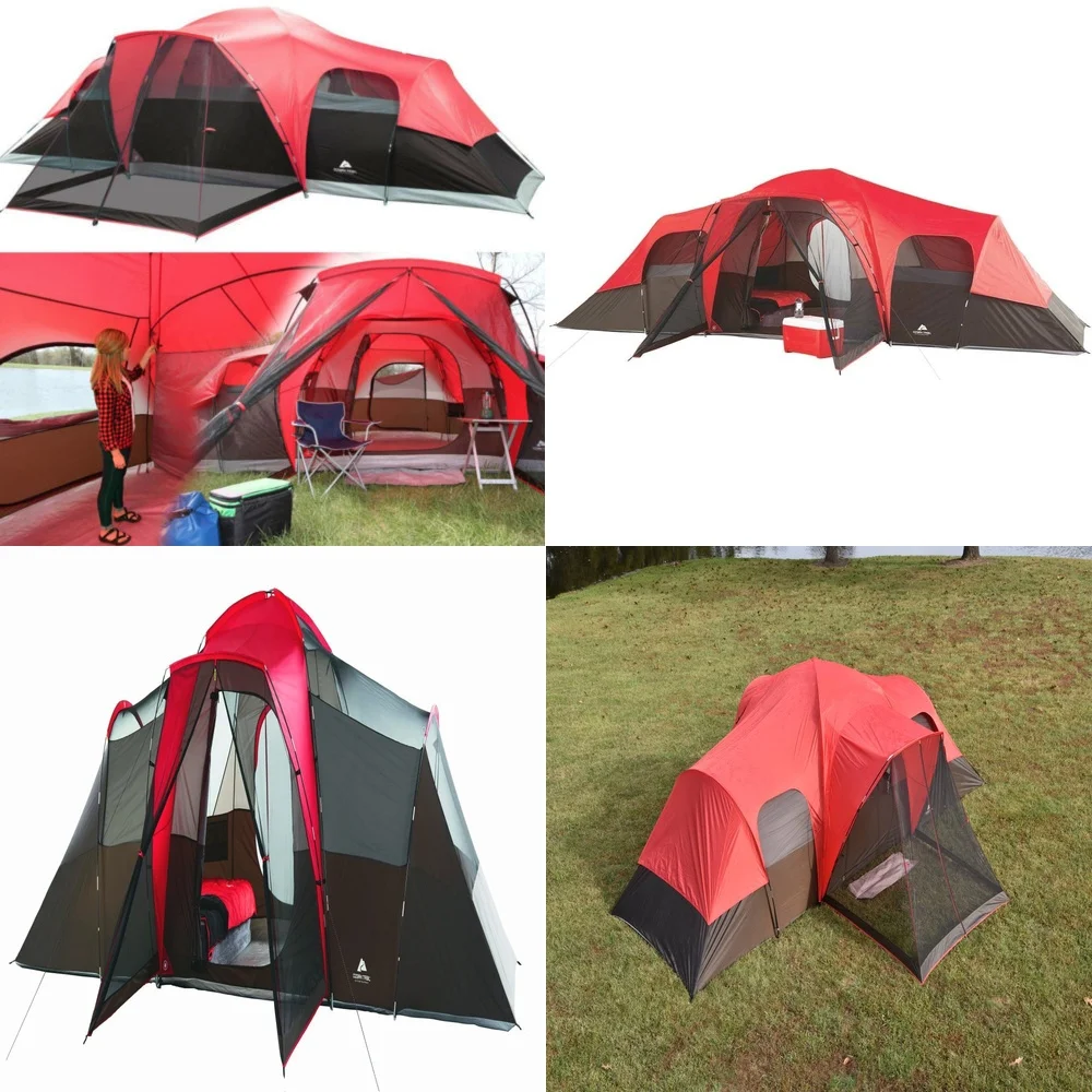

GazebosSpacious 10 Person 3 Room Cabin Tent with Screen Porch Waterproof for Outdoor Camping Red