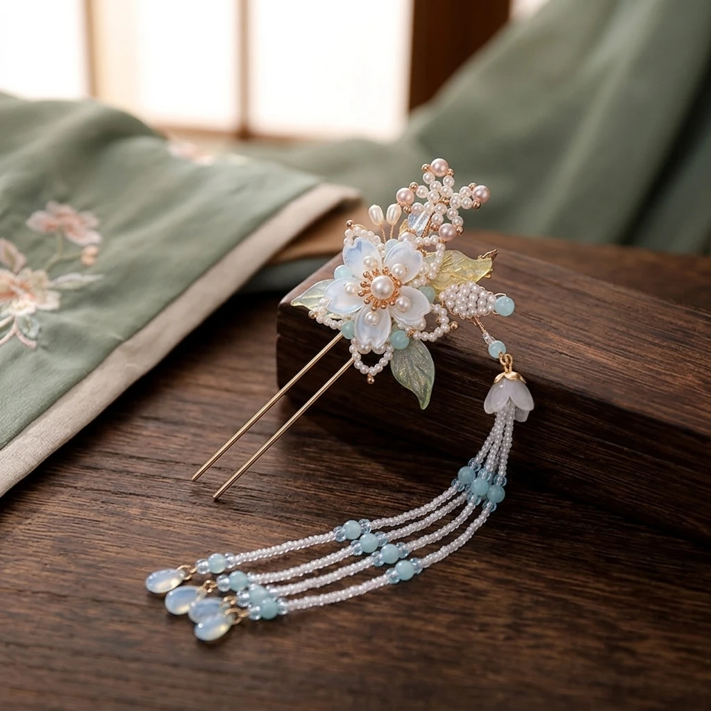 Hanfu Hairpin Hand-made Pearl Tassel Hair Sticks Alloy Flower Traditional Chinese Hair Accessories for Women Classical