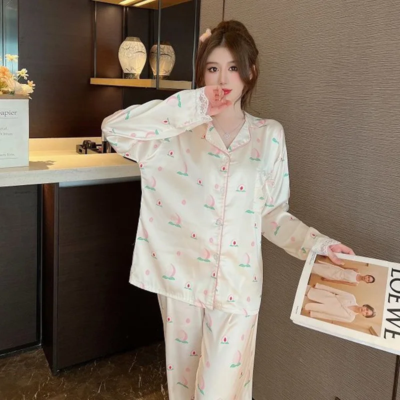 Women Pajamas Set Autumn and Winter Long-Sleeved Girl Homewear Cardigan Lapel Peach Pattern Ladies Silk Comfortable Sleepwear