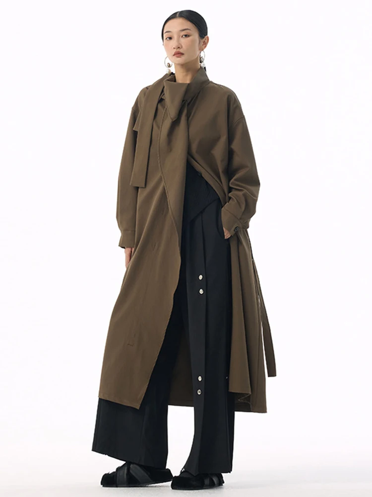 YERMORA Kaki Onregelmatige Ruches Gordel Geul Voor Vrouwen Stand Kraag Lange Mouw Losse Windjack Mode Herfst Winter 2025