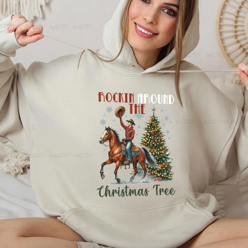 Cowboy Christmas Sweatshirt Hoodie Rockin Around The Christmas Tree Graphic Pullover Hoodie Cowgirl Western Christmas Hoodies