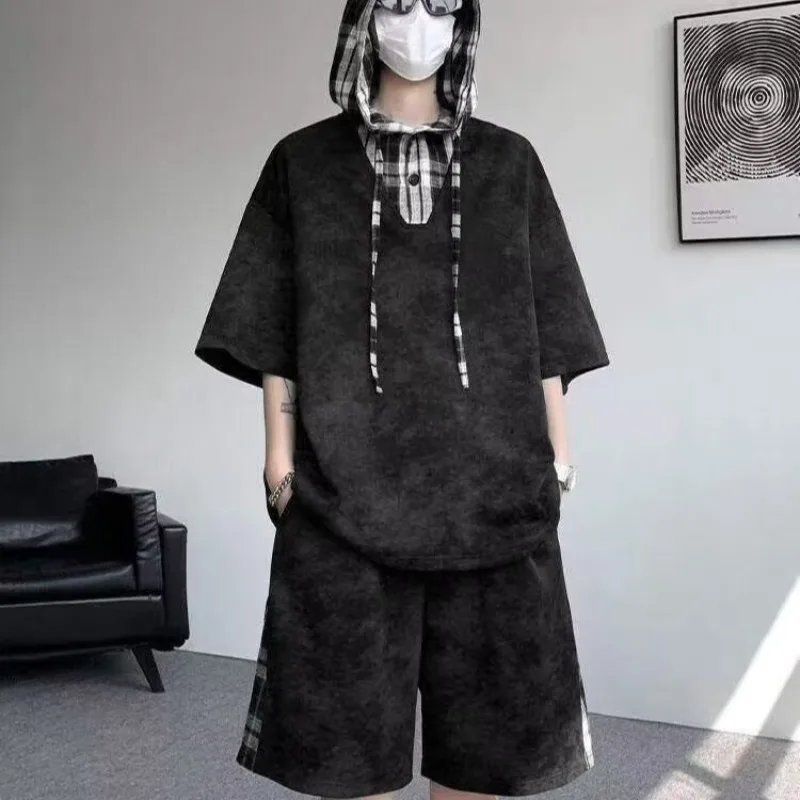 

M-8XL Plus Size Men's Clothing Short Sleeved Hooded T-shirt+shorts Pants Sports Set Harajuku, Japan Fashion Casual Two Piece Set