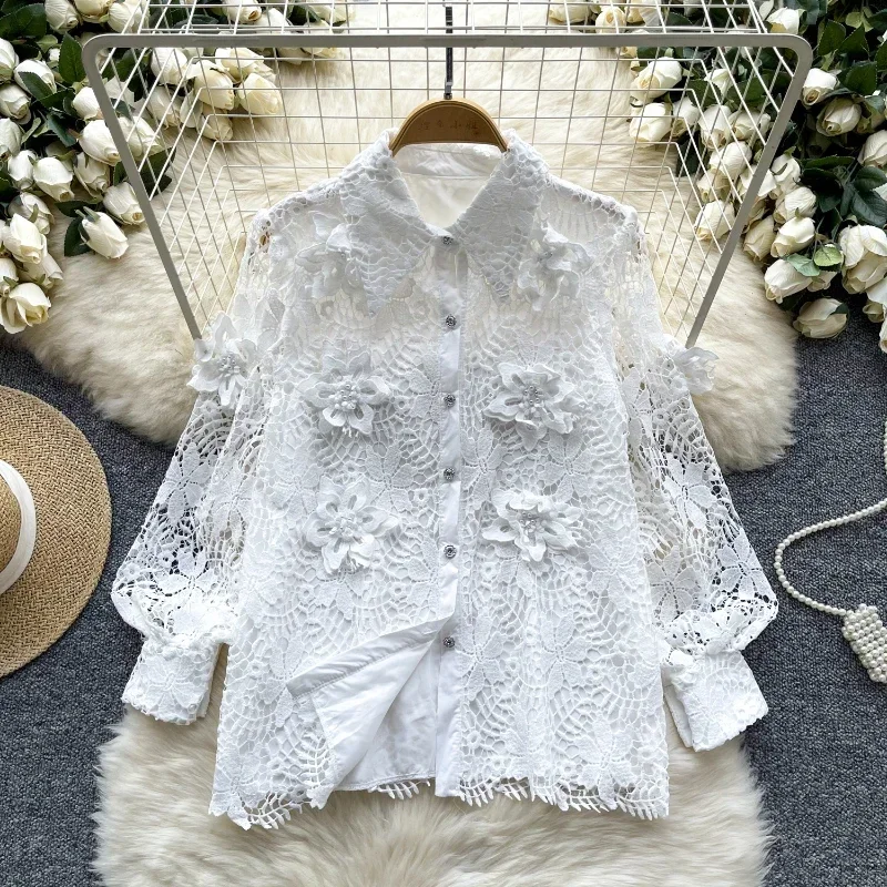 Lace Shirt Women's Summer French Style Western Style Sexy Beaded Dimensional Flower Single-Breasted All-Match Long-sleeved Top