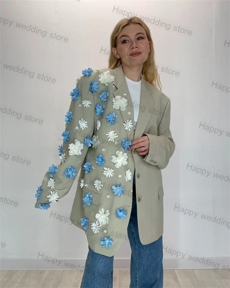 Blue Women Suit 1 Piece Blazer Formal Office Lady 3D Flower Beaded Customized Spring Autumn Prom Coat Jacket Outfit