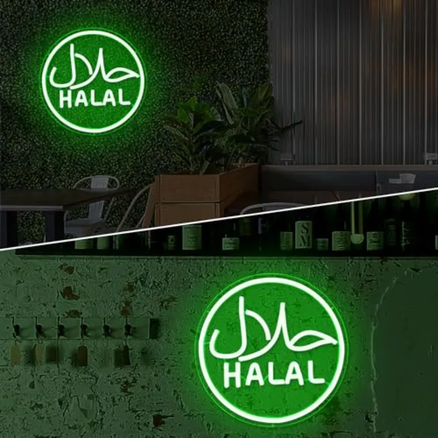 Halal Neon Signs for Wall Decor Dimmable Led Green Restaurant Neon Light Signs for Beef Chicken Candy Snack, Halal Hanging Door