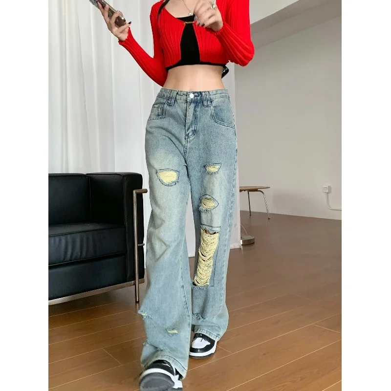 

High Waist Slim Blue Jeans Women's Autumn And Winter Holes Straight Demin Trousers Loose Wide Leg Pants