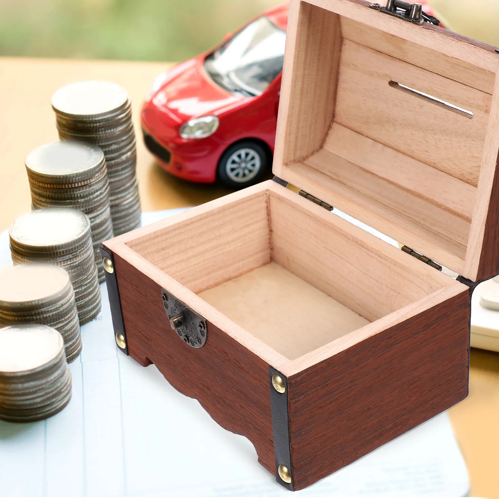

1pc Wooden Treasure Chest Heart Lock Money Box Storage Container Kids Saving Bank Coin Jar Retro Style Wooden Money Container