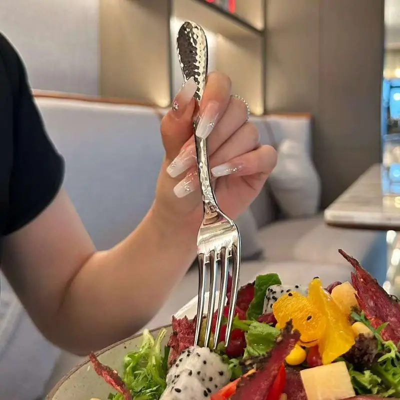 Korean Cutlery Stainless Steel Dinner Fork Long Handle Table Forks Set Four Tine Salad Dessert Fruit Forks Kitchen