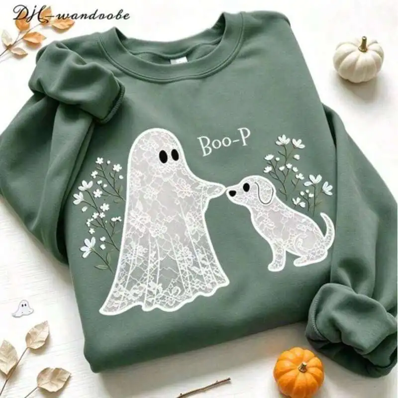 Women’s autumn/winter plus-size crew-neck sweatshirt with a Halloween ghost motif—perfect for everyday wear or holiday occasions