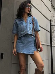 Solid Denim 2 Piece Set 2024 New V Neck Pocket Cropped Tops+Irregular Shorts Skirts Streetwear Fashion Summer Suits For Women