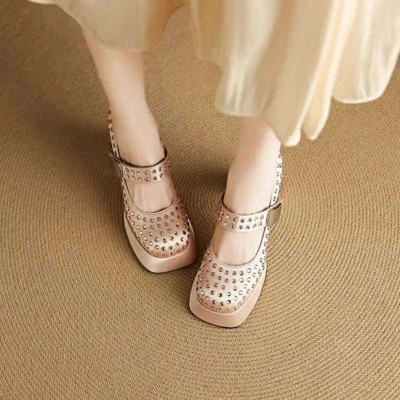 Women Sheep Leather Rhinestone Mary Jane Pumps Square Toe Platform Block Heel TPR Sole Sheep Lining Summer Party Shoes F233