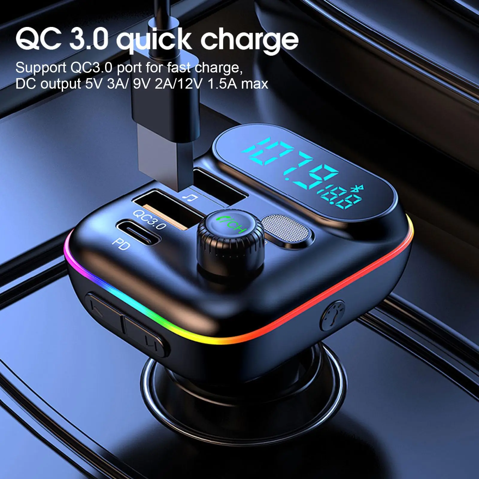 Car Fast Charge Bluetooth 5.0 FM Transmitter PD Dual Player Music Type-C Colorful Ambient MP3 Light Cigarette Lighter USB C0E3