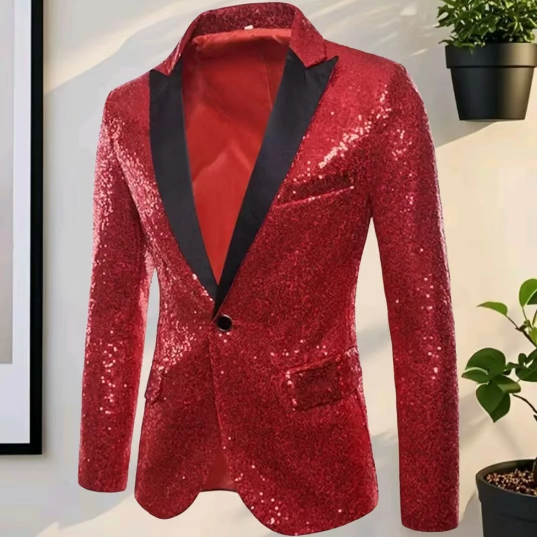 

Men Glitters Suit Jackets Sequins Party Men Slim Fit Patchwork Collar Blazer Hosting Performance Dress Korean Version Slim Fit