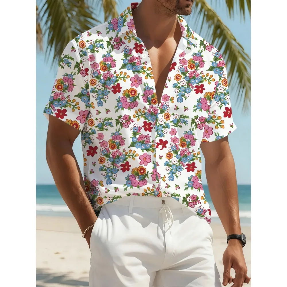 Summer Fresh Multicolor Tiny Flower Mens Lapel Shirt Lightweight Breathable Polyester Travel Beach Daily Casual Blouse
