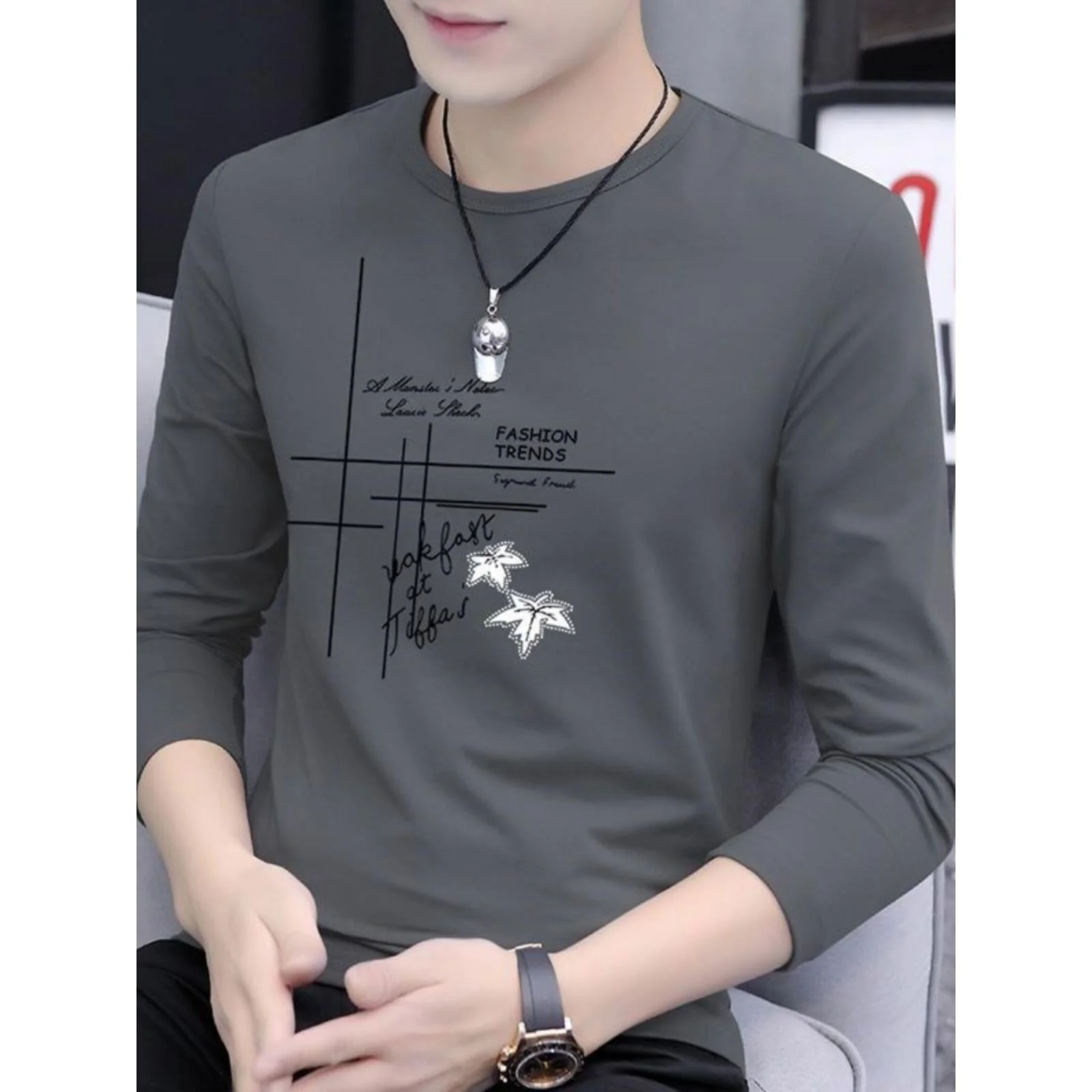 

Men's Long Sleeve Thin T-Shirt Workwear Comfortable Ice Silk under Shirt Youth Daily Wear Asymmetric Design Anti-Pilling