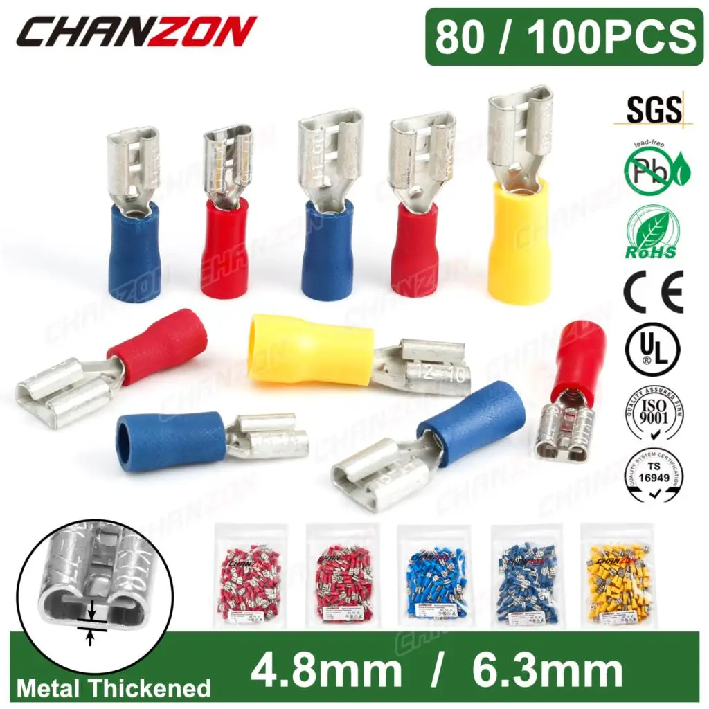 

80/100PC Female Spade Insulated Electrical Cable Connector 4.8Mm 6.3Mm Solderless Crimp Wiring Terminal Red Blue Yellow 22-10Awg