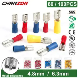 80/100PC 4.8Mm 6.3Mm Female Spade Insulated Electrical Cable Connector Solderless Crimp Wiring Terminal Red Blue Yellow 22-10Awg
