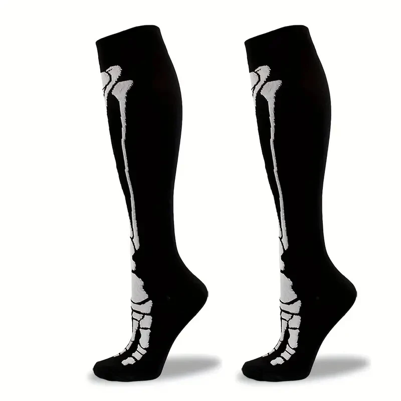 1pair Men\'s Halloween Compression Long Socks, Skull Pattern Socks, Comfy Breathable Casual Socks