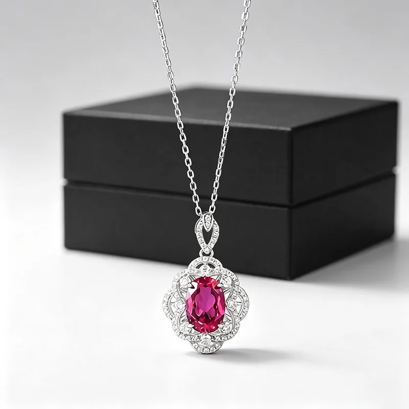 s925-sterling-silver-pendant-necklace-7-10mm-oval-cut-lab-created-ruby-gemstone-hollow-floral-frame-with-small-zircon-accent