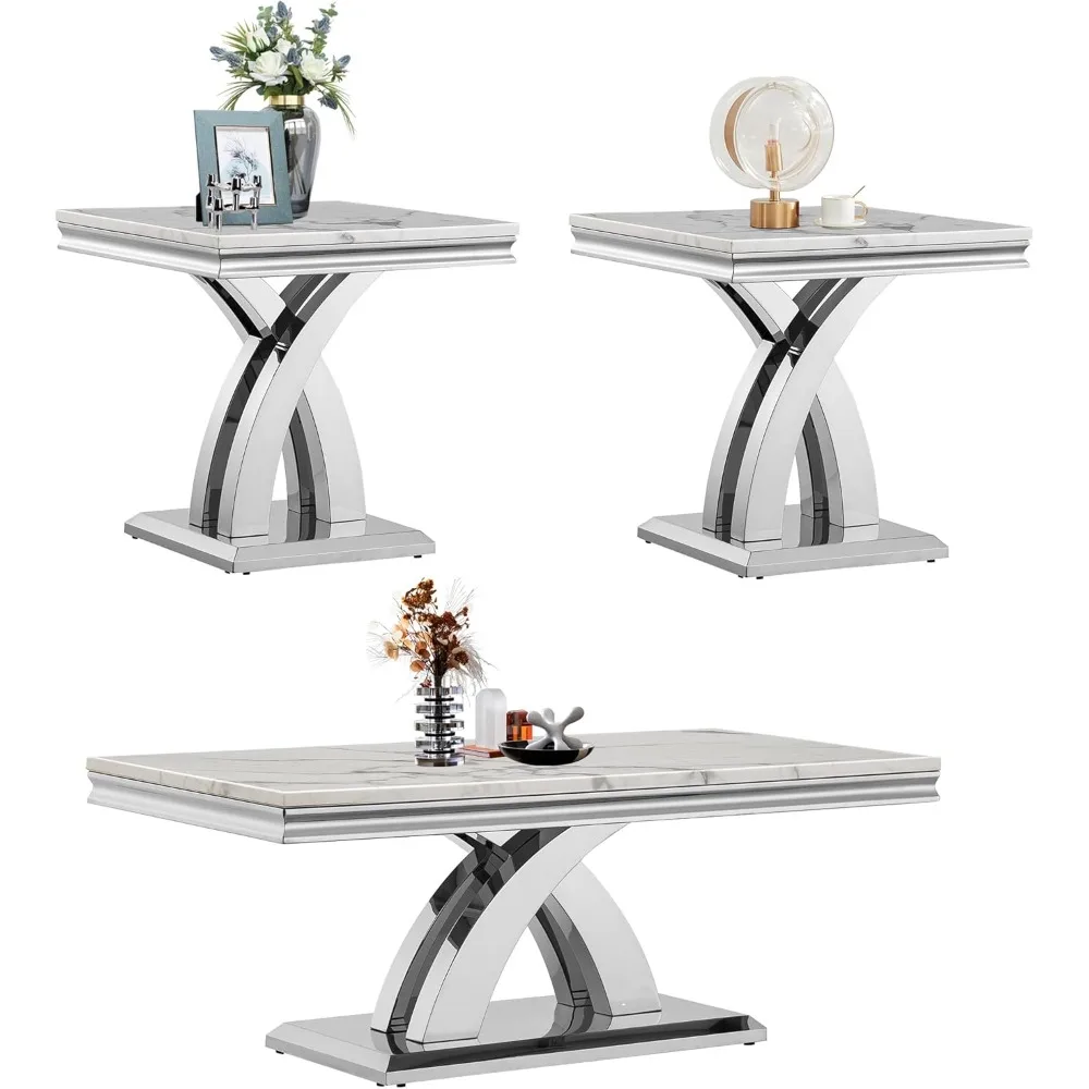 3 Pieces Coffee Table Set, Faux Marble Living Room Table Set of 3, Modern Coffee Table and 2 End Tables with X-Shaped Stainless