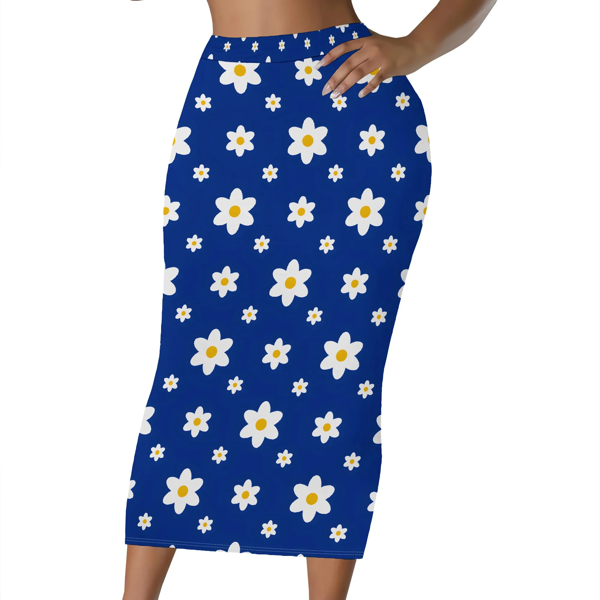 Gänseblümchen-Print, Rock, Blumenmuster, Midi-Länge, Dehnbarer Stoff, Freizeitkleidung, Büro-Outfit, S-2XL – Detail 1