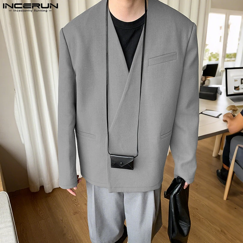 INCERUN Männer Blazer Einfarbig V-ausschnitt Langarm Mode Lässig Anzug Männer Streetwear Lose Koreanischen Stil Freizeit Männlich Dünne Mäntel