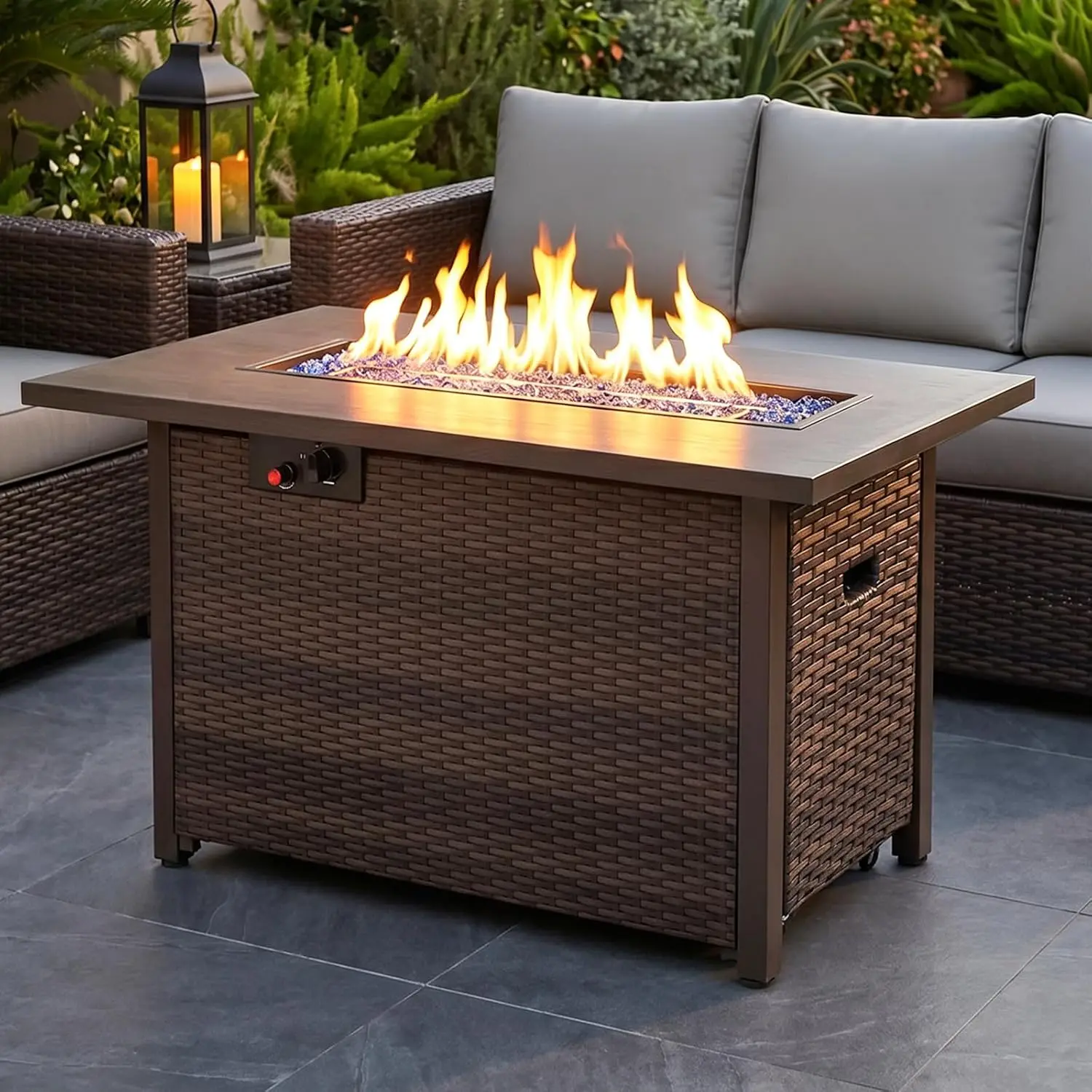 42-Inch Fire Pit Table, Rectangular Propane Fire Pit Table with Blue Stones, CSA Certification, 50000 BTU Output