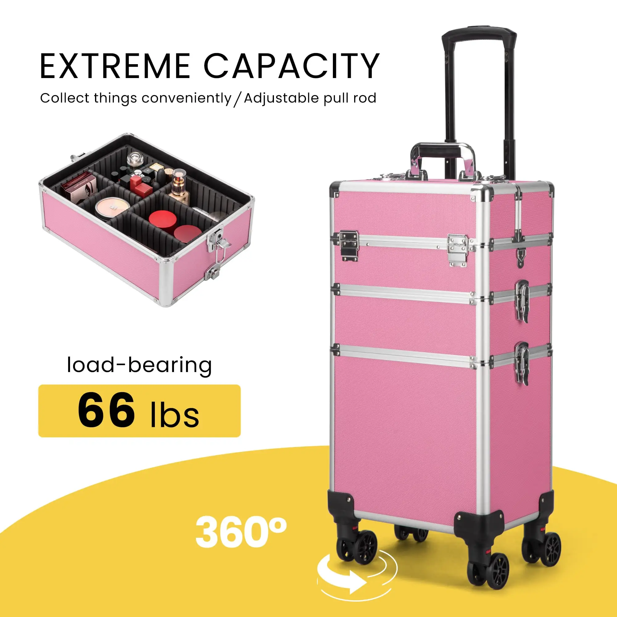 

4 in 1 Aluminum Rolling Makeup Case On Wheels Cosmetic Storage Organizer Travel Train Case Divider With Labor-Saving Wheel