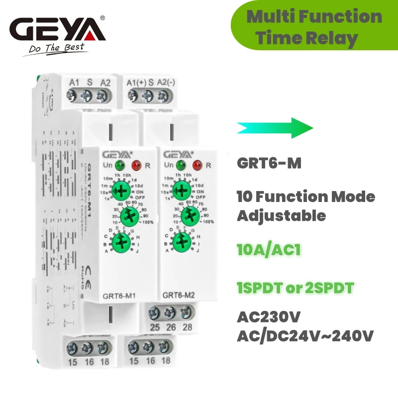 GEYA 10A Multifunction Timer Relay ACDC24~240V Din Rail 0.1s-10 Days Time Delay Relay with 10 Function Choices 220V GRT6-M
