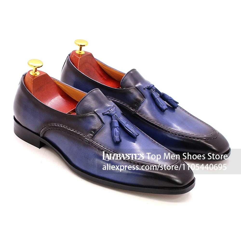 Tassel Decor Slip on Formal Business Shoes Patina Brown Wedding Shoes for Men British Vintage Style Stitched Welt Formal Shoes