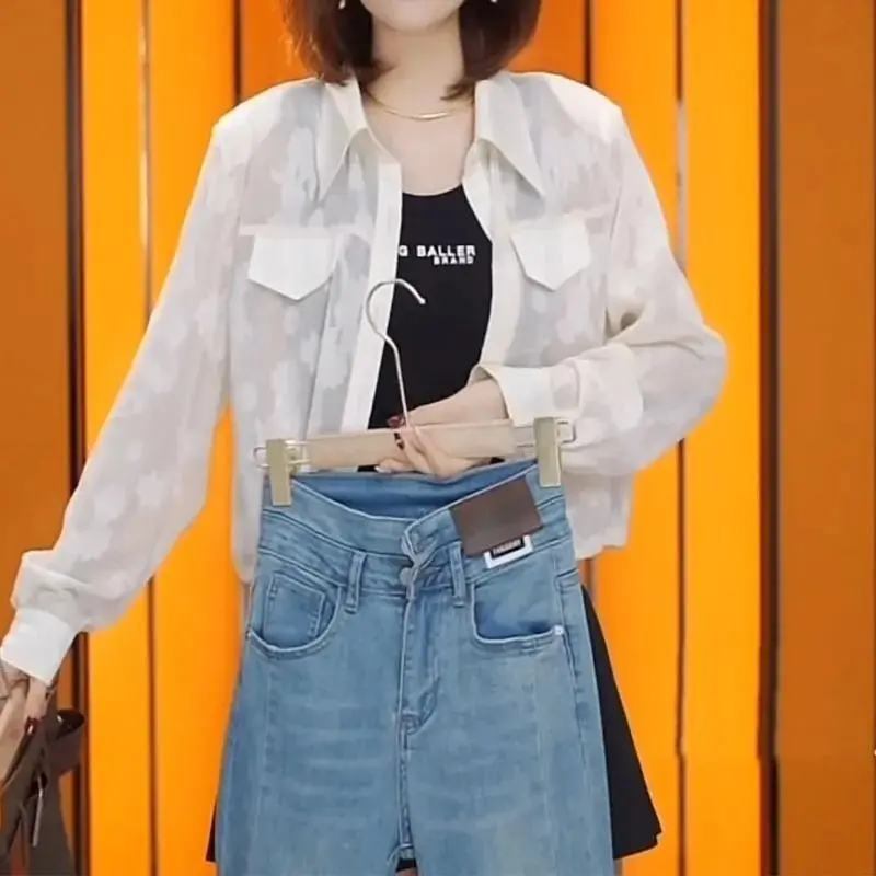 

Летняя женская свободная рубашка с коротким воротником и защитой от солнца, универсальная, в корейском стиле, с длинными рукавами, однотонная, для повседневной носки, модная.