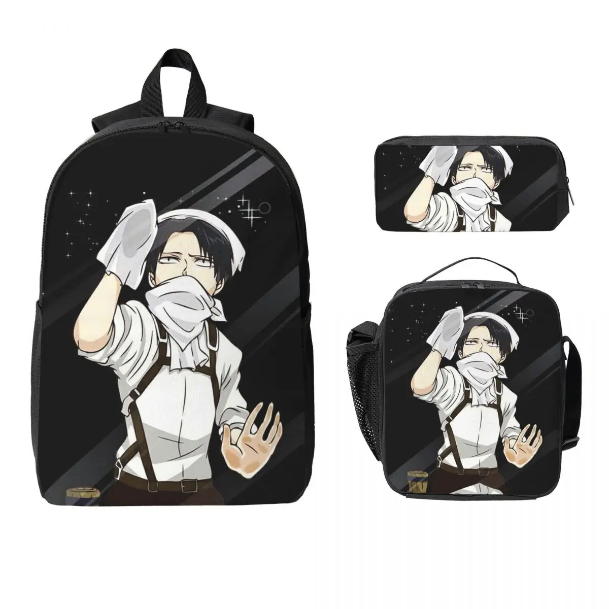 

Рюкзак Levi Ackerman Attack On Titan, студенческий рюкзак для мальчиков и девочек, школьная сумка, сумки на плечо, 3 шт., изолированная сумка для обеда, пенал