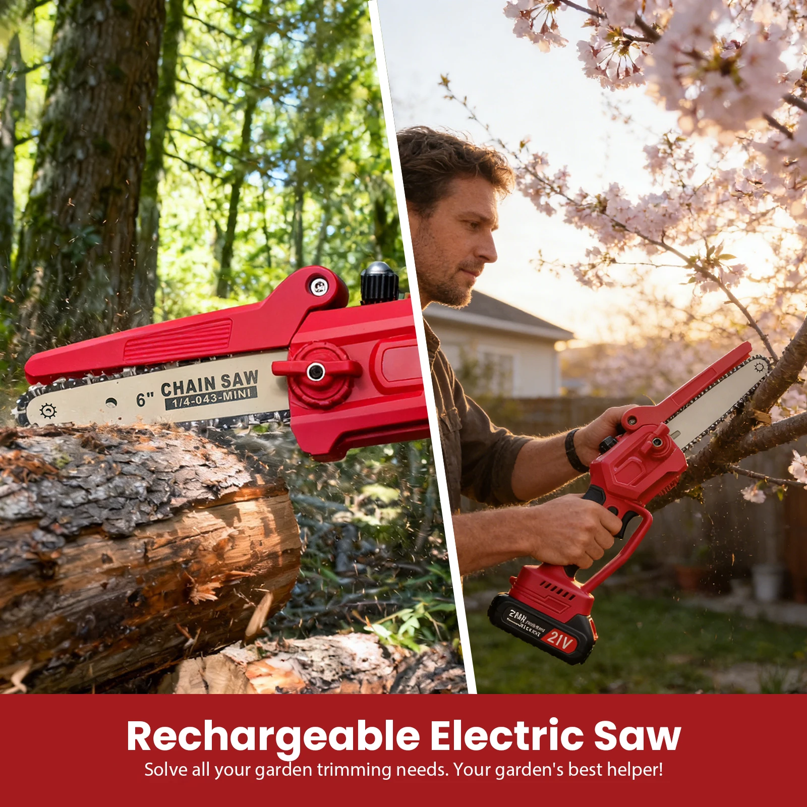 Kabellose Kettensäge 21V 4-in-1 Mini Elektro-Kettensäge mit Verlängerungsstange 300W Bürstenloser Motor 2 Akkus Gartenwerkzeug