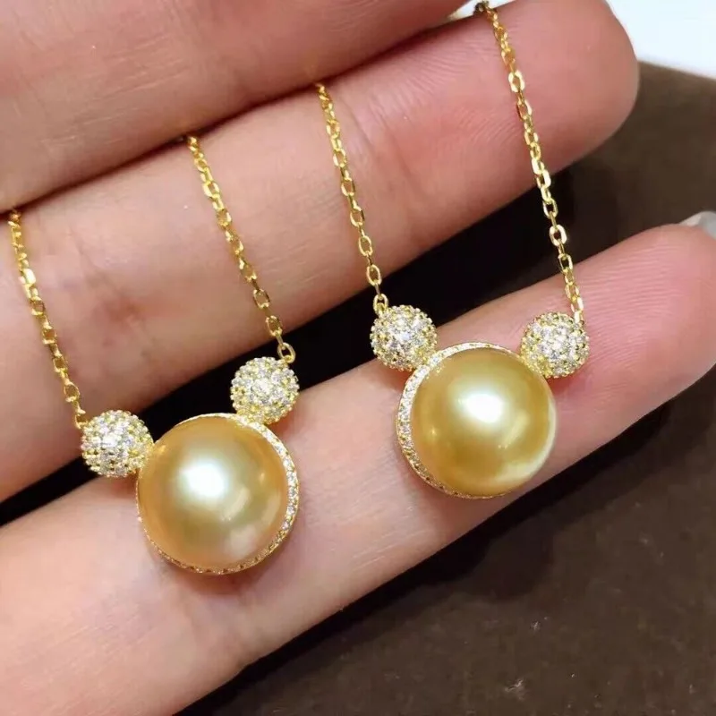 HOT SOUTH SEA GENUINE AAAAA 9-10MM GOLDEN STUD PEARL PENDANT NECKLACE 925S