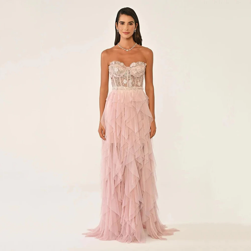 تخصيص أنيقة تول زين كشكش ألف خط فساتين طويلة حمالة فساتين مناسبة مخصصة الطراز الحديث عارضة جودة عالية