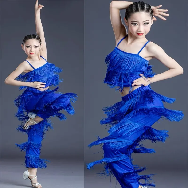 Verkauf Ballsaal Fransen Quaste Kleid Top und Hosen Pailletten Fransen Salsa Samba Kostüm Kinder Kinder Mädchen Latin Dance Kleider