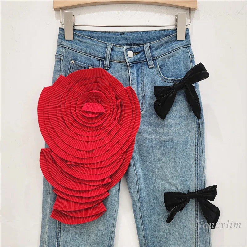 Hot Girl Bow Design Skinny Jeans Women's Autumn Retro Washed High Waist Slimming Stretch Denim Trousers Street Flower Pants