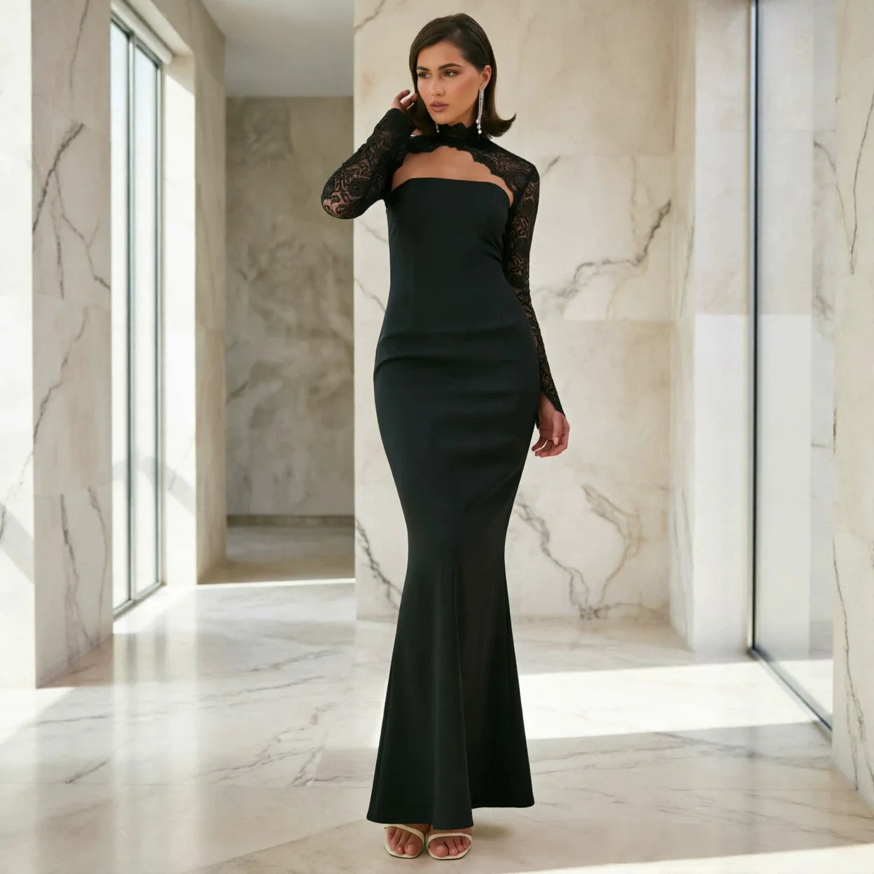 D756ds Premium Black Cutout. Front Backless Wavy Lace Tailored Smart Fit Mermaid Long Clothes Summer Maxi Dress Outfits Clothing